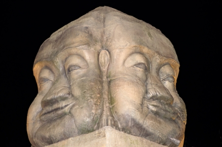 Buddha head statue at nightの写真素材
