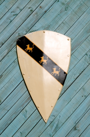 heraldic shield on wooden の写真素材