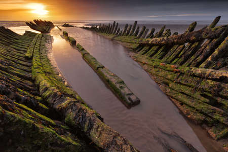 The 1897 Norwegian barque SS Nornen on the beach at Berrow, Somerset,の写真素材