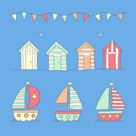 Beach huts, bunting & sailing boatsのイラスト素材