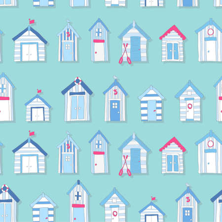 Hand Drawn Beach Huts in a Seamless Patternのイラスト素材