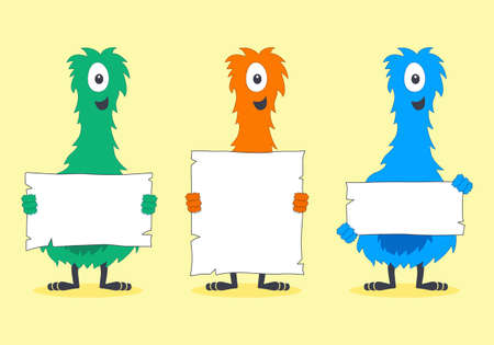 Cute Colorful Furry Creatures Holding Blank White Signsのイラスト素材