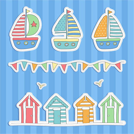 Beach huts, bunting & sailing boatsのイラスト素材