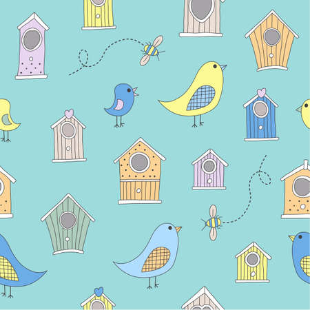 A set of cute bird houses and birds in a repeat patternの写真素材
