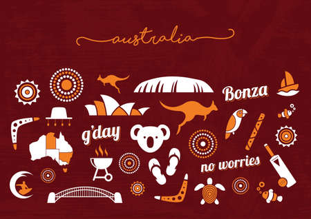 Orange and white Australia icon set on a Deep red backgroundのイラスト素材