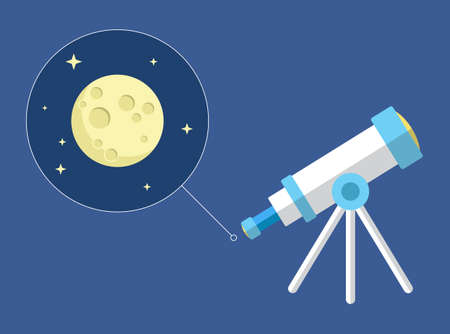 Space telescope looking at moon and stars - vector flat icon - astronomyのイラスト素材