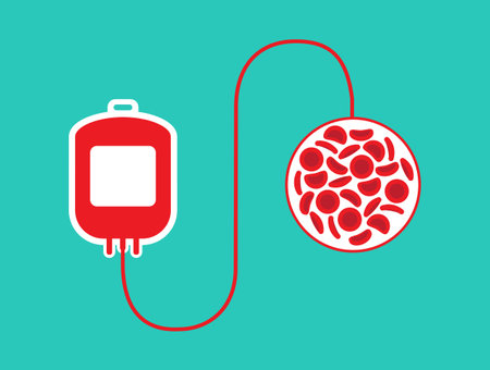 blood bag, heart and blood cells. Blood donation concept. Human donates blood. Vector illustration in flat style.のイラスト素材