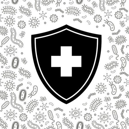 black and white hygienic shield protecting from virus, germs and bacteria. Flat style vector illustration.のイラスト素材