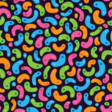 A repeat pattern of Germs / Bacteria - vector illustration - green, orange, pink and blue germs - black backgroundのイラスト素材