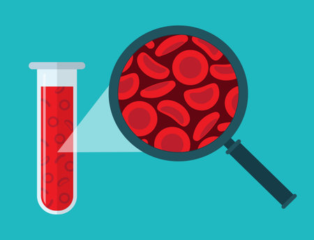 Red blood cells, Microscope and test tube. Blood concept. Human donates blood. Vector illustration in flat style.のイラスト素材