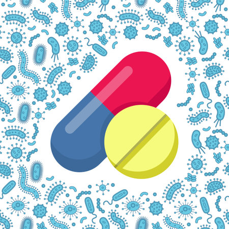 tablet pill protecting from virus, germs and bacteria. Flat style vector illustration.のイラスト素材
