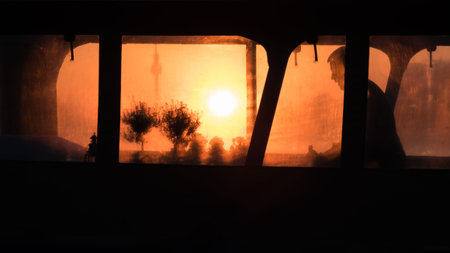 A day comes to an end on the excursion shipの写真素材