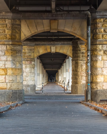 The three teenagers at the end of the tunnel at a fall dayの写真素材