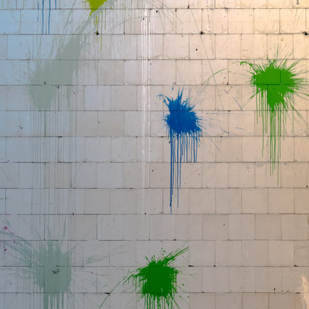 The splashes of color on the wall made of concrete paving stonesの写真素材