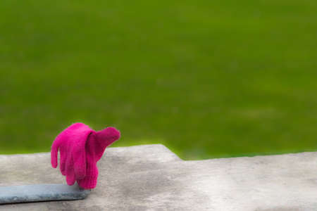 A lost pink glove in front of a green meadowの写真素材