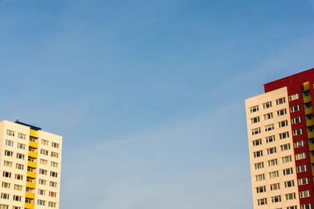 Two skyscrapers face each other on a sunny day, Berlin, Germanyの写真素材