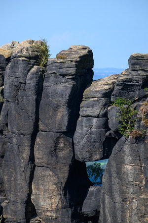 Rock formations in the saxon switzerland in sunny weather, Lilienstein, Germanyの写真素材