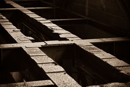 Two diagonal bars leading from bottom right to top left. Sepia toningの写真素材