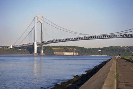 A view of the Verrazano Narrows Bridge and the Hudson River as seen from Brooklyn.の写真素材