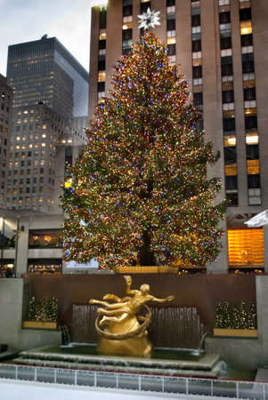 MANHATTAN - DECEMBER 3:  The Rockefeller Center Christmas tree as seen fully lit on December 3, 2010 in New York City.のeditorial素材