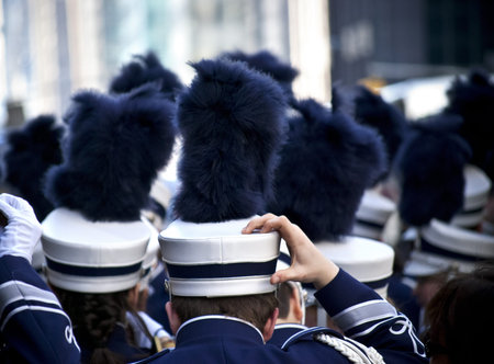 A close-up of marching band members and their shako helmets before a parade.