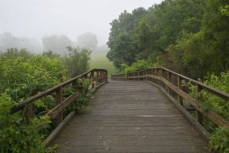 A wooden bridge on a foggy morning in Monmouth Battlefield State Park in New Jersey. 