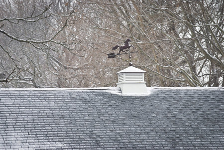 A weathervane on the roof of a home during a light snowfall.