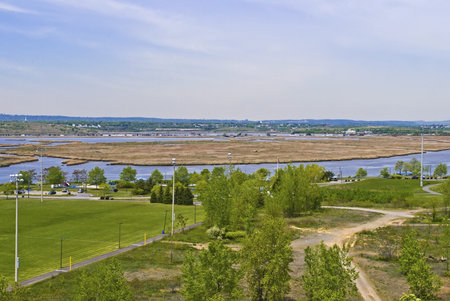 A view of the Hackensack River and surrounding wetlands from Snake Hill in Secaucus, New Jersey.