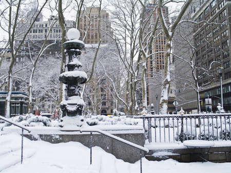 A snowy view of Bryant Park in Manhattan after freshly fallen snow.の写真素材