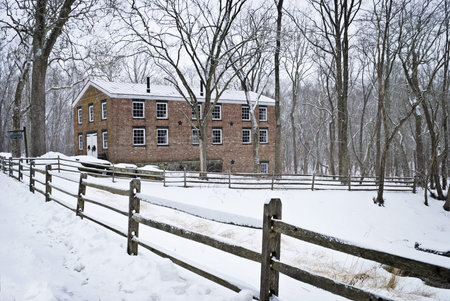 A historic brick building in Allaire Village in New Jersey.