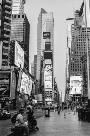 NEW YORK-AUGUST 8-A black and white film photograph look a Times Square very early morning on August...