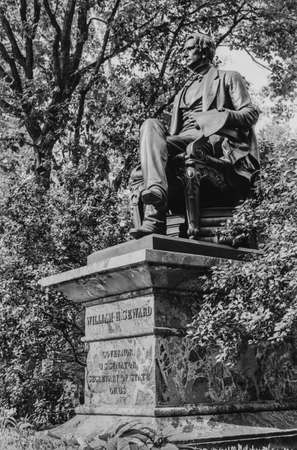 NEW YORK-AUGUST 8-A black and white film photograph of the William Seward statue in Madison Park on August 8 2014 in Manhattan. William Seward was a US Senator, New York Governor and Secretary of State.のeditorial素材