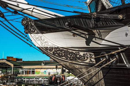 BALTIMORE, MARYLAND-SEPTEMBER 27-Wood carving detail on the hull of The Constellation a historic ship on September 27 2014 in Baltimore Maryland.のeditorial素材