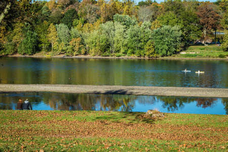 People enjoy a nice day on the Delaware River where George Washington crossed in 1776.の写真素材