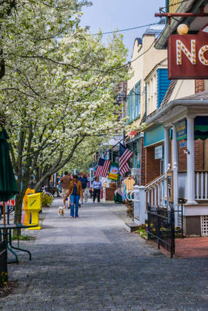OCEAN GROVE, NEW JERSEY-APRIL 24-Small shops along the sidewalk in Ocean Grove on April 24 2011 in Monmouth County New Jersey.のeditorial素材