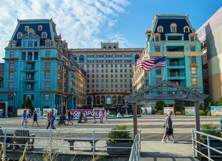 ATLANTIC CITY NEW JERSEY - SEPTEMBER 2: People stroll along a quiet boardwalk on September 2 2014 in Atlantic City New Jersey.のeditorial素材