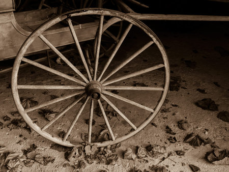 A sepia toned old fashioned cart wheel on rustic floor with leaves.