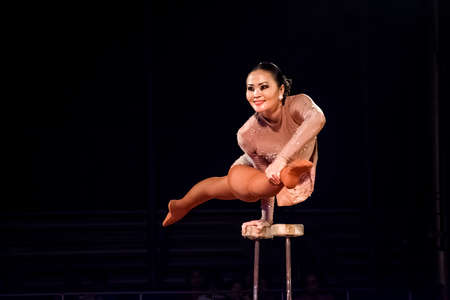 OLD BRIDGE, NEW JERSEY -JUNE 8 - The incredible Maya from Mongolia, a very flexible performer for The Kelly Miller Circus on June 8 2015 in Old Bridge NJ.のeditorial素材