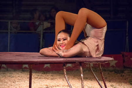 OLD BRIDGE, NEW JERSEY -JUNE 8 - The incredible Maya from Mongolia, a very flexible performer for The Kelly Miller Circus on June 8 2015 in Old Bridge NJ.のeditorial素材