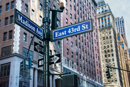 A Madison Ave street sign with New York City buildings in the background.のeditorial素材