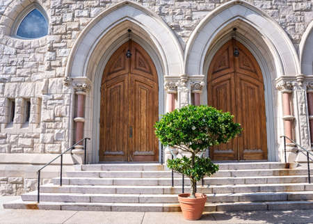 The entrance to the historic St. John's the Evangelist Catholic church in Lambertville NJ.の写真素材