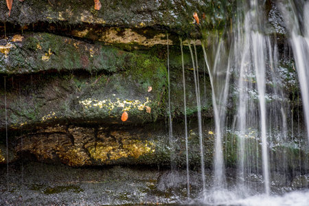 A closeup of a flowing waterfall against a stone wall.