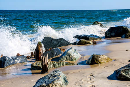 A rocky shoreline at Sandy Hook along the Jersey shore.の写真素材