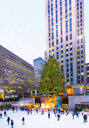 New York, NY, USA - December 7, 2015: The world famous Rockefeller Christmas tree and ice skating rink in New York City.のeditorial素材