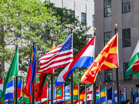 Colorful flags of all nations on display in Rockefeller Center in New York City.