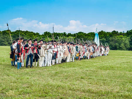 FREEHOLD, NEW JERSEY- JUNE 20 - Men dressed as the Continental Army for The Battle of Monmouth Reenactment on June 20 2008 in Freehold NJ.のeditorial素材