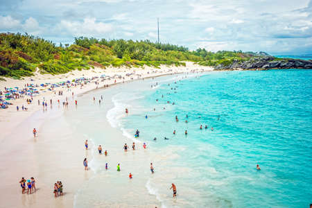 HORSESHOE BAY, BERMUDA - MAY 26 - A panoramic view of Horseshoe Bay Beach on May 26 2016 in Southampton Parish Bermuda.のeditorial素材
