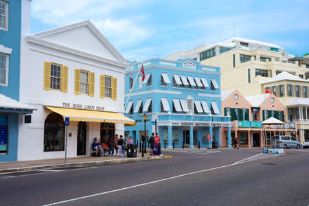 HAMILTON,BERMUDA, MAY 25 - A colorful downtown section across from the ferry terminal on May 25 2016 in Hamilton,Bermuda.のeditorial素材