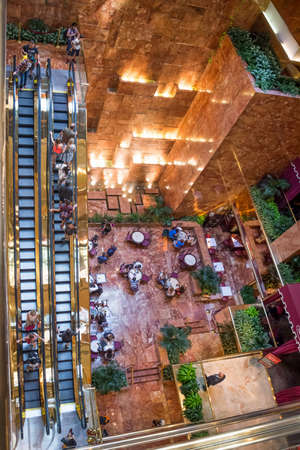 NEW YORK-JULY 24 - The famous escalator and indoor waterfall in Trump Tower on Fifth Avenue as seen on July 24 2015 in Manhattan.のeditorial素材