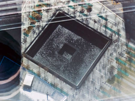 NEW YORK - March 8 - An abstract aerial view of the 911 Memorial World Trade Center footprint as seen on March 8 2017 in New York City.のeditorial素材